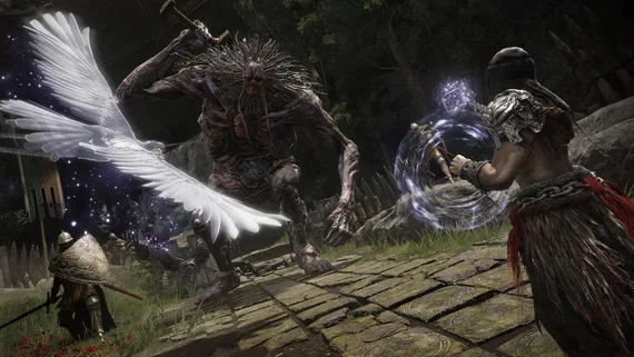 Elden Ring - Epic battle scene with a winged creature and magical combat