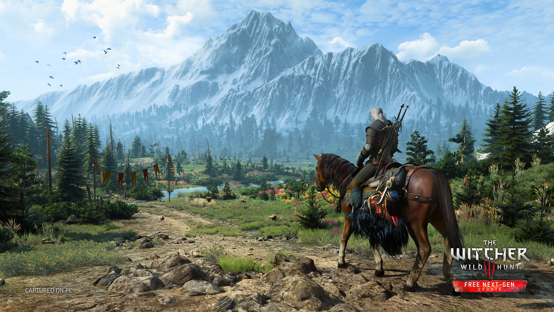 The Witcher 3: Wild Hunt - Geralt on horseback overlooking a majestic mountain landscape